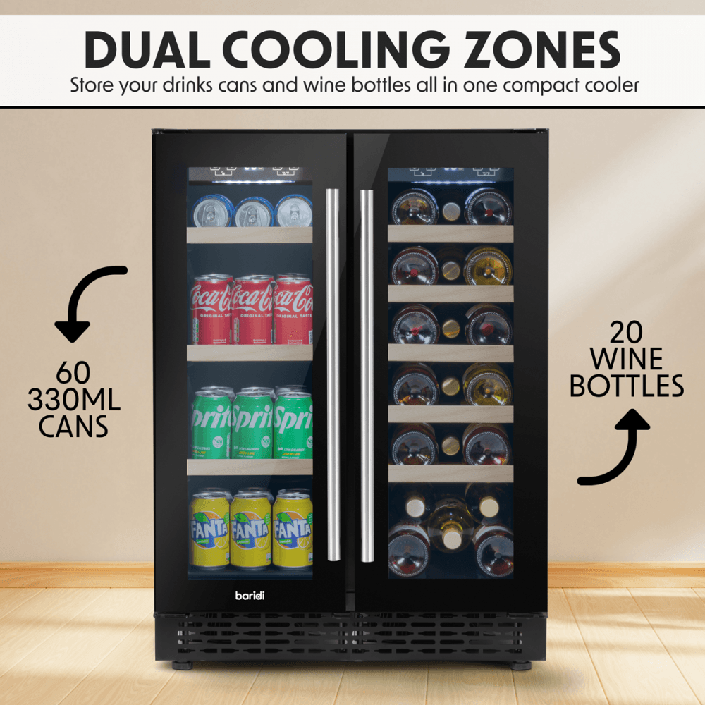 Baridi 40 Bottle/120 Can Under-Counter/Freestanding Dual Zone Wine Fridge & Cooler 60cm Model No- DH96
