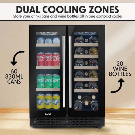 Baridi 40 Bottle/120 Can Under-Counter/Freestanding Dual Zone Wine Fridge & Cooler 60cm Model No- DH96