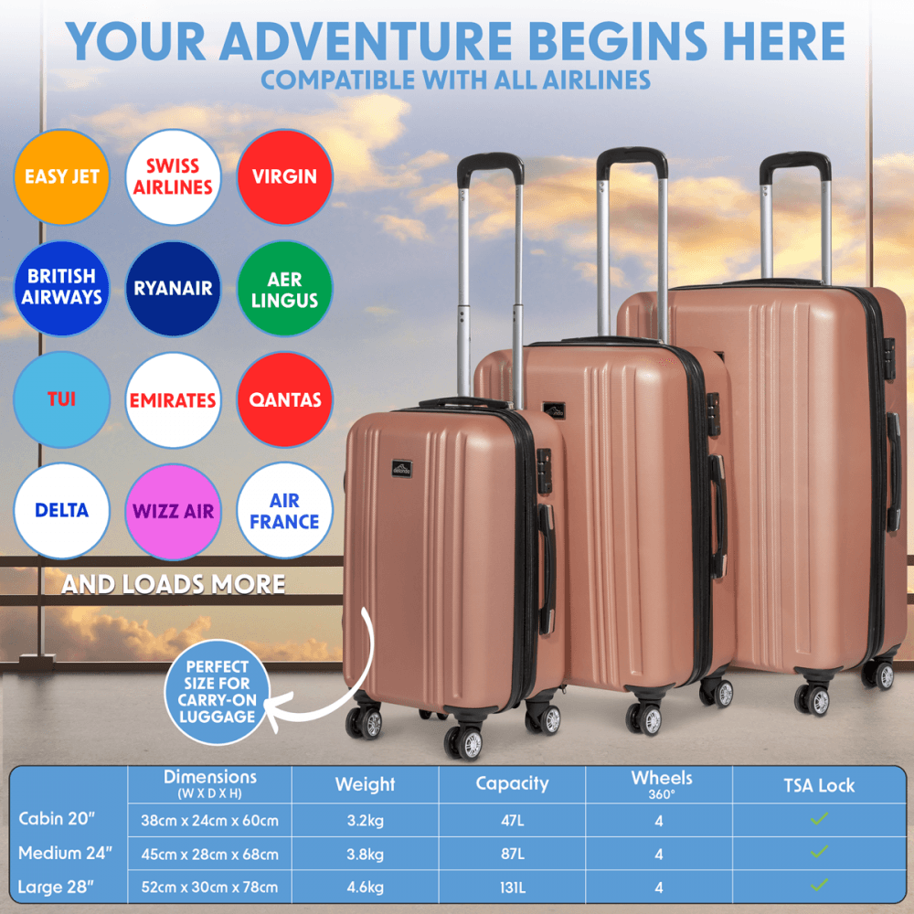Dellonda Lightweight ABS Luggage Set with TSA Lock - Rose Gold : Model No- DL125