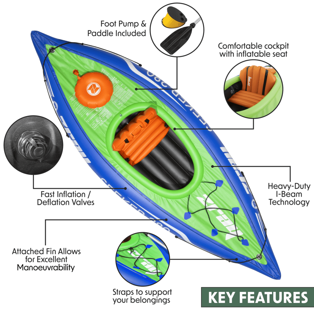 Dellonda Inflatable One-Person Kayak/Canoe Set with Pump, Carry Bag & Aluminium Oar - Blue/Green Model No- DL154