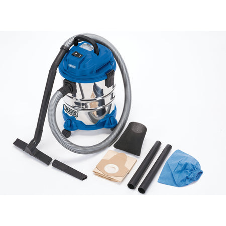 DRAPER 20L 1250W 230V Wet and Dry Vacuum Cleaner with Stainless Steel Tank: Model No. WDV20BSS