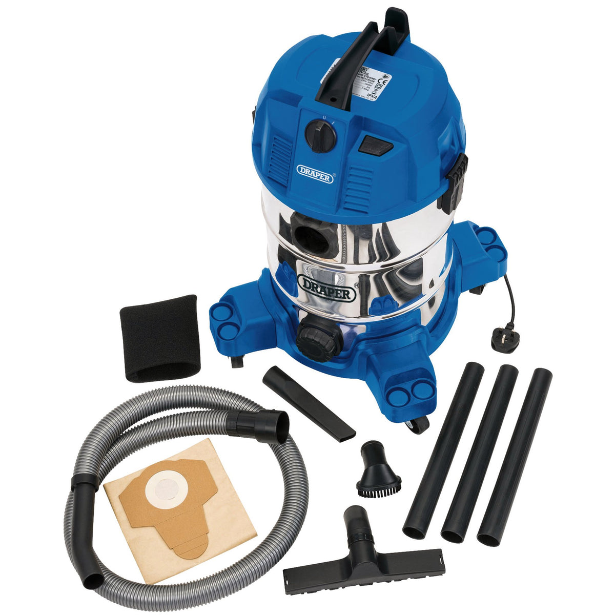 DRAPER 30L Wet and Dry Vacuum Cleaner with Stainless Steel Tank (1600W): Model No. WDV30SSB