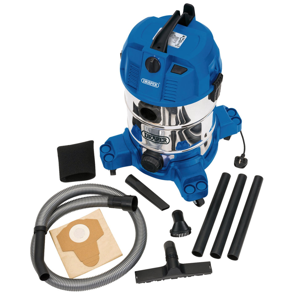 DRAPER 30L Wet and Dry Vacuum Cleaner with Stainless Steel Tank (1600W): Model No. WDV30SSB
