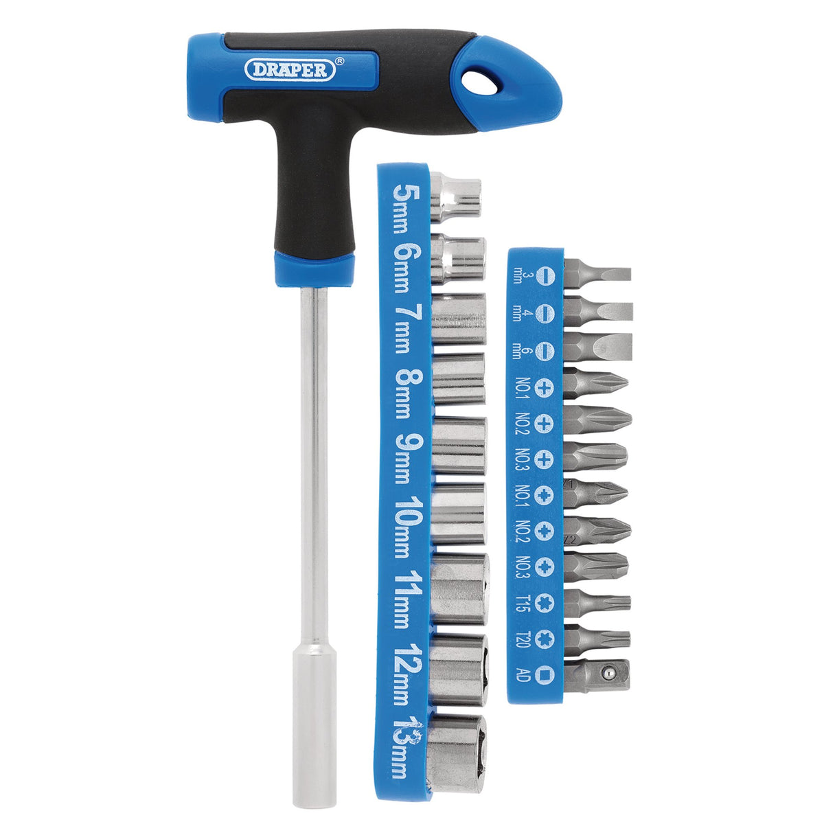 T-Handle Screwdriver, Socket and Bit Set, 1/4" Sq. Dr. (22 Piece) : Model No. SOCDRI