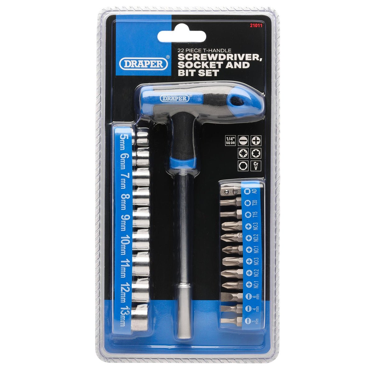 T-Handle Screwdriver, Socket and Bit Set, 1/4" Sq. Dr. (22 Piece) : Model No. SOCDRI