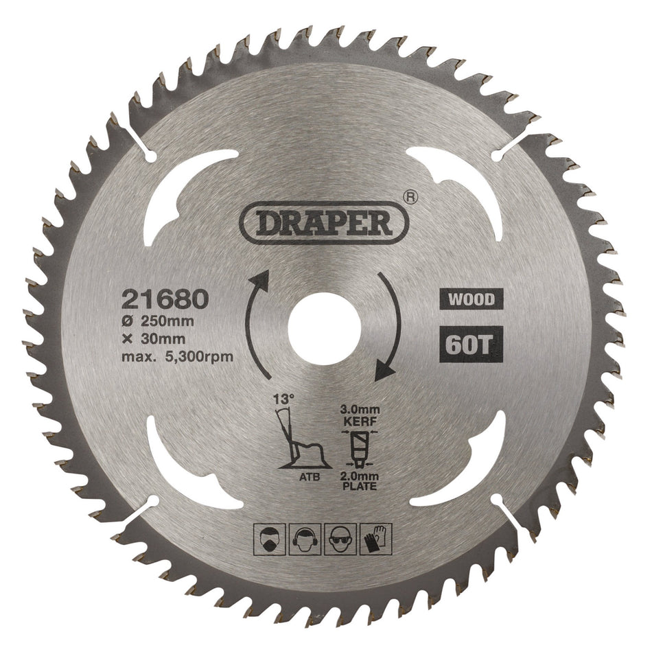 TCT Circular Saw Blade for Wood, 250 x 30mm, 60T: Model No. SBW12