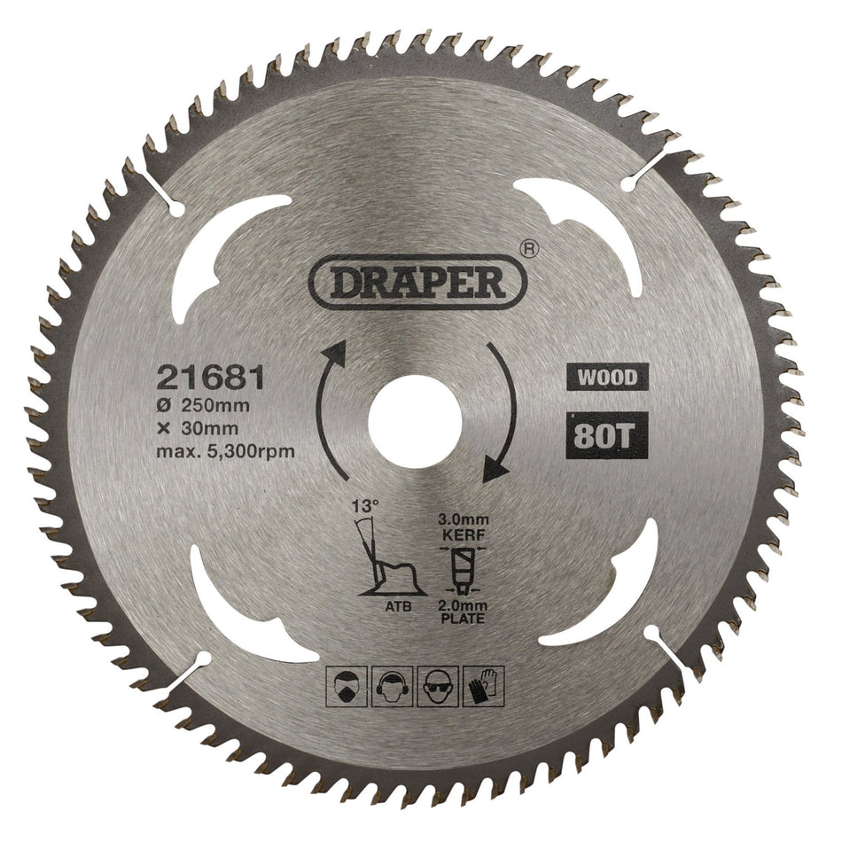 TCT Circular Saw Blade for Wood, 250 x 30mm, 80T: Model No. SBW13