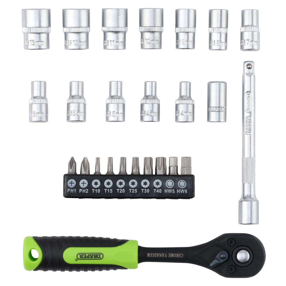 Draper HI-TORQ Metric Socket and Bit Set, 1/4" Sq. Dr. (25 Piece) : Model No. 1/4SS25