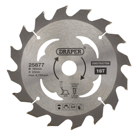 TCT Cordless Construction Circular Saw Blade for Wood & Composites, 165 x 20mm, 16T: Model No. SBC1