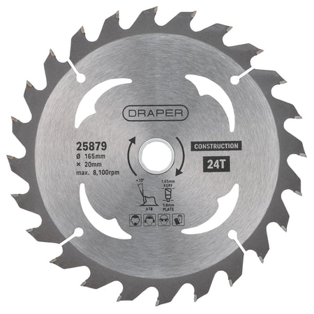 TCT Cordless Construction Circular Saw Blade for Wood & Composites, 165 x 20mm, 24T: Model No. SBC2