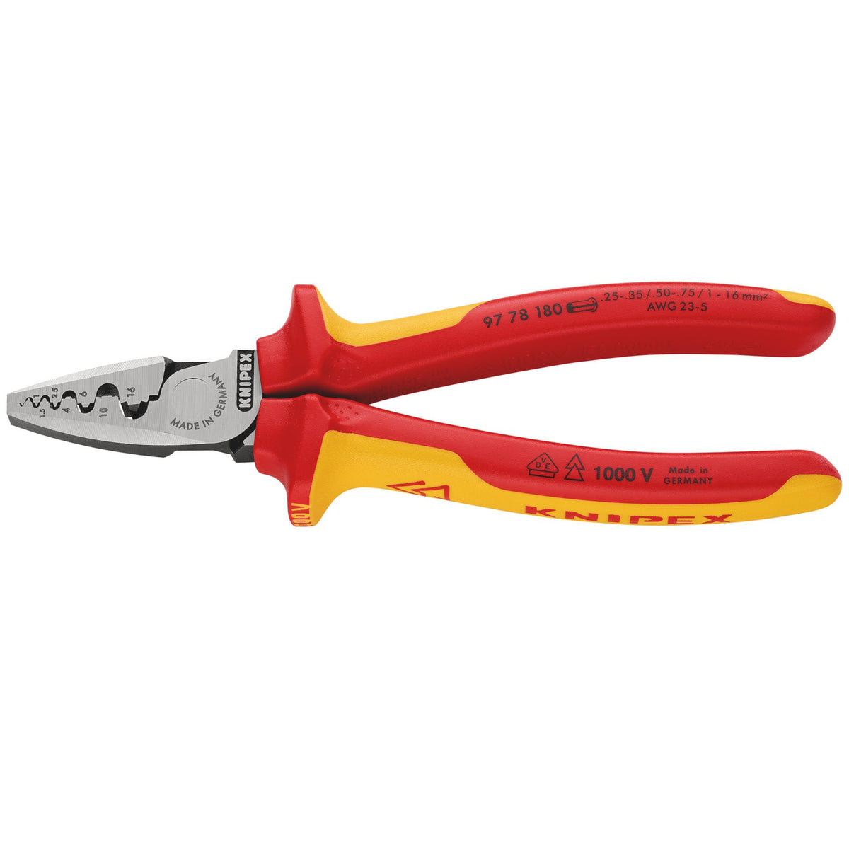 KNIPEX 97 78 180 SB VDE Insulated Crimping Pliers For End Sleeves, 180 mm: No.97 78 180 SB