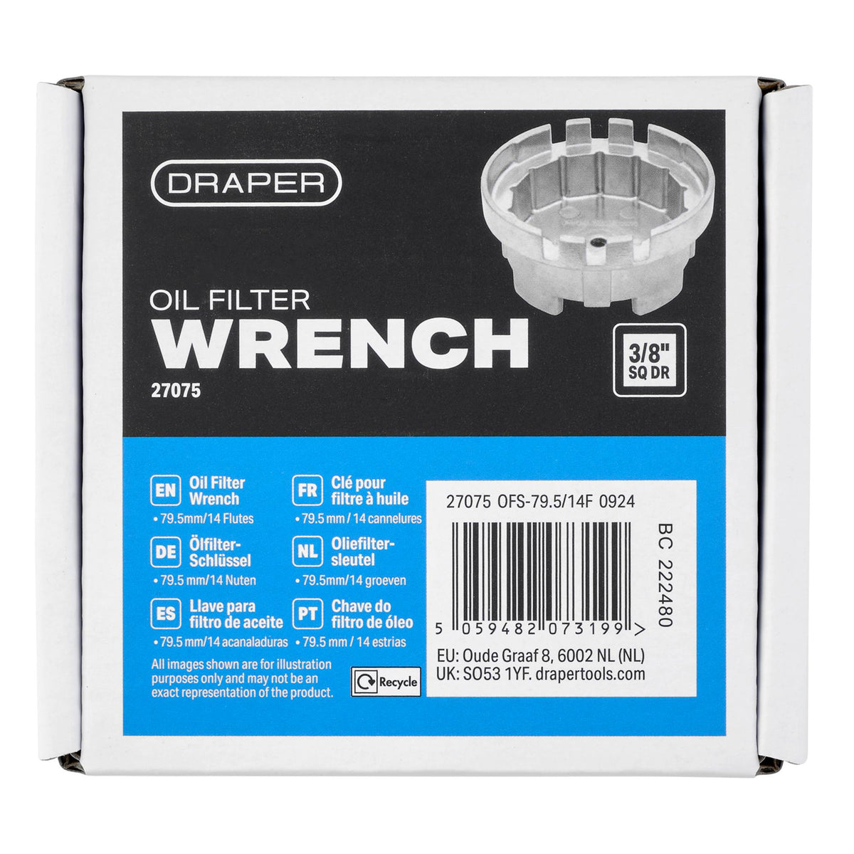 Oil Filter Wrench, 3/8" Sq. Dr., 79.5mm/14 Flutes