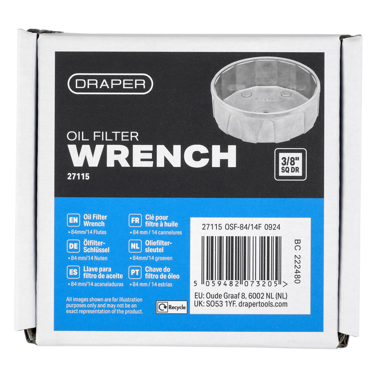Oil Filter Wrench, 3/8" Sq. Dr., 84mm/14 Flutes