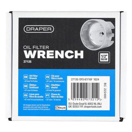 Oil Filter Wrench, 1/2" Sq. Dr., 87mm/16 Flutes