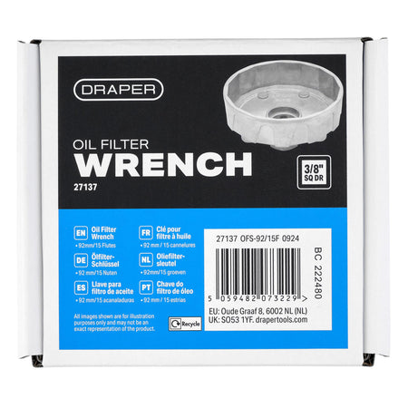 Oil Filter Wrench, 3/8" Sq. Dr., 92mm/15 Flutes