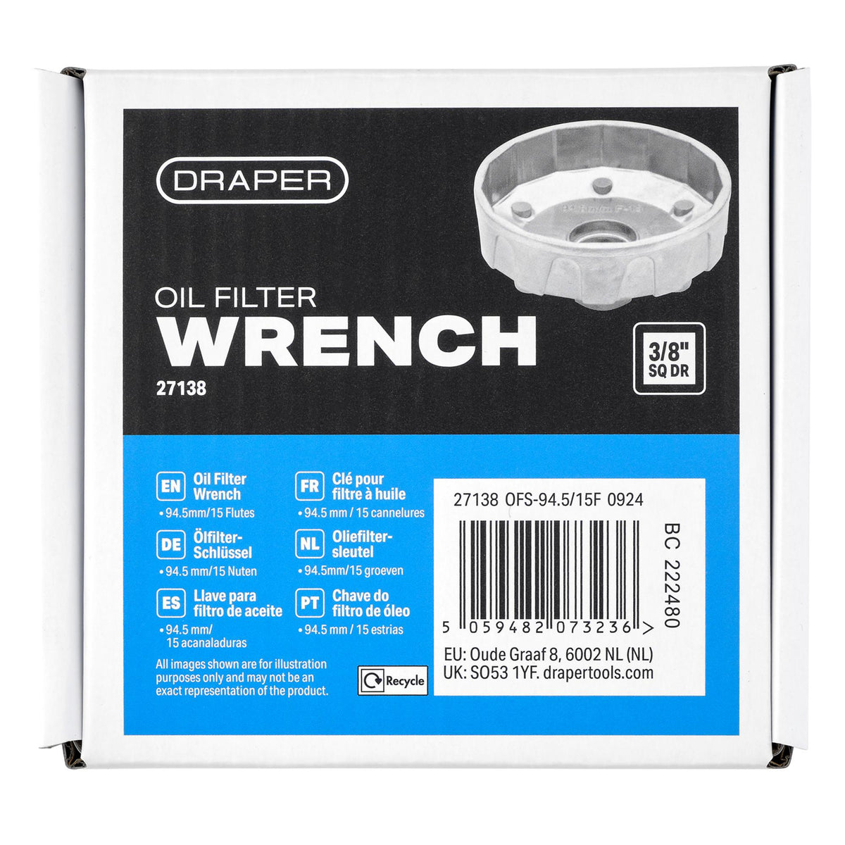 Oil Filter Wrench, 3/8" Sq. Dr., 94.5mm/15 Flutes