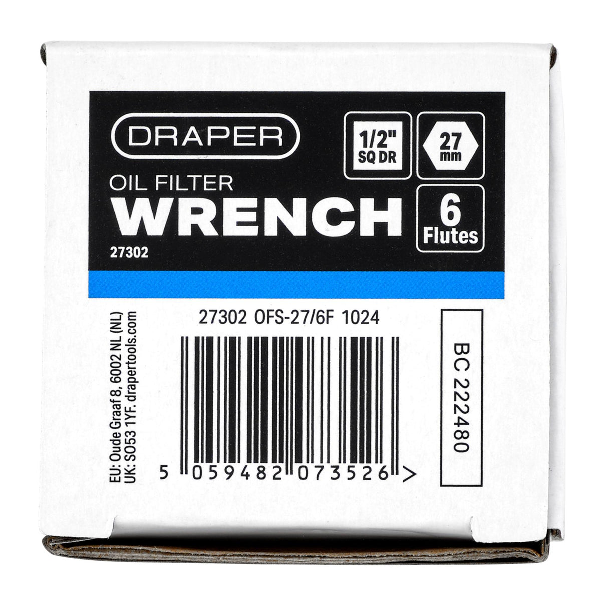 Oil Filter Wrench, 1/2" Sq. Dr., 27mm/6 Flutes