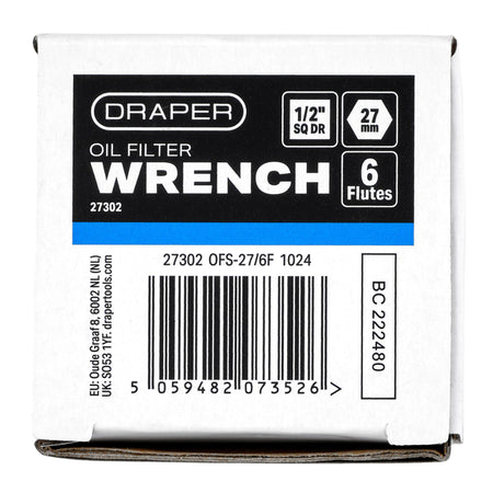 Oil Filter Wrench, 1/2" Sq. Dr., 27mm/6 Flutes