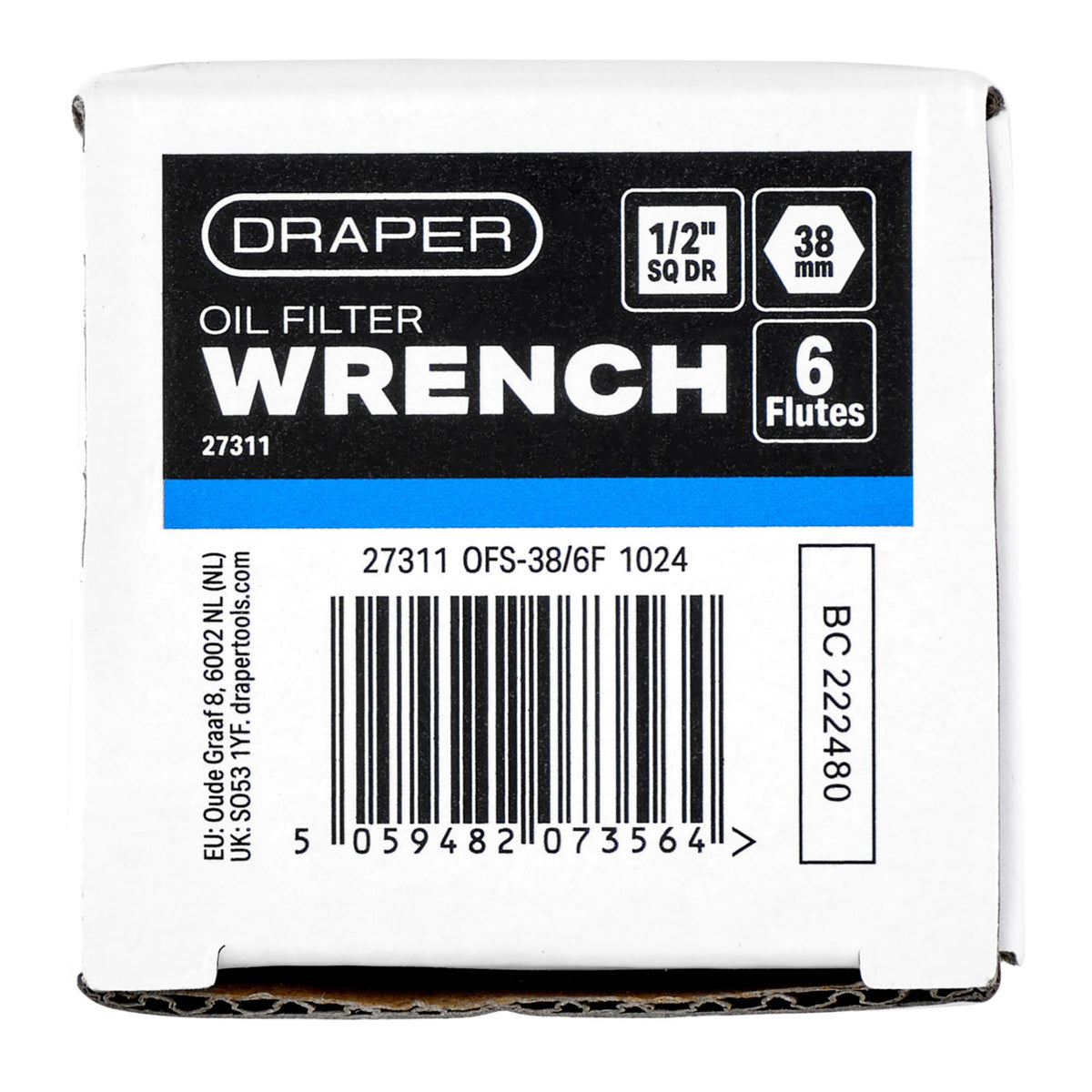 Oil Filter Wrench, 1/2" Sq. Dr., 38mm/6 Flutes