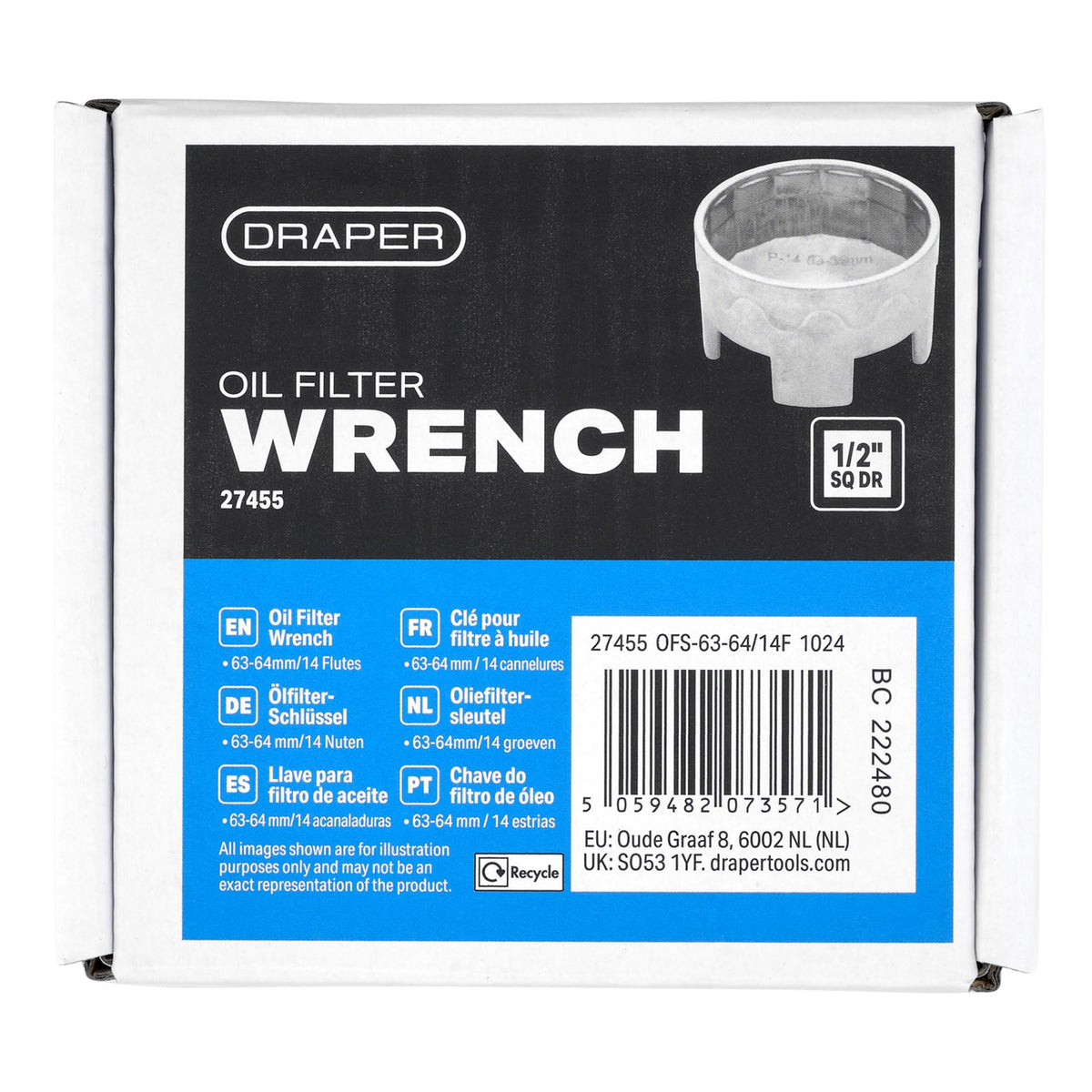 Oil Filter Wrench, 1/2" Sq. Dr., 63-64mm/14 Flutes