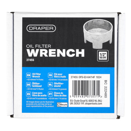Oil Filter Wrench, 1/2" Sq. Dr., 63-64mm/14 Flutes