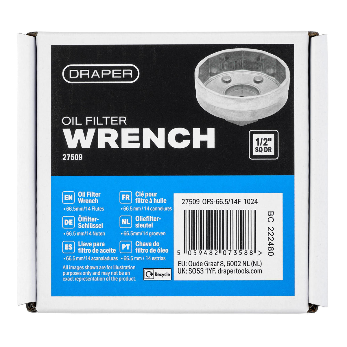 Oil Filter Wrench, 1/2" Sq. Dr., 66.5mm/14 Flutes
