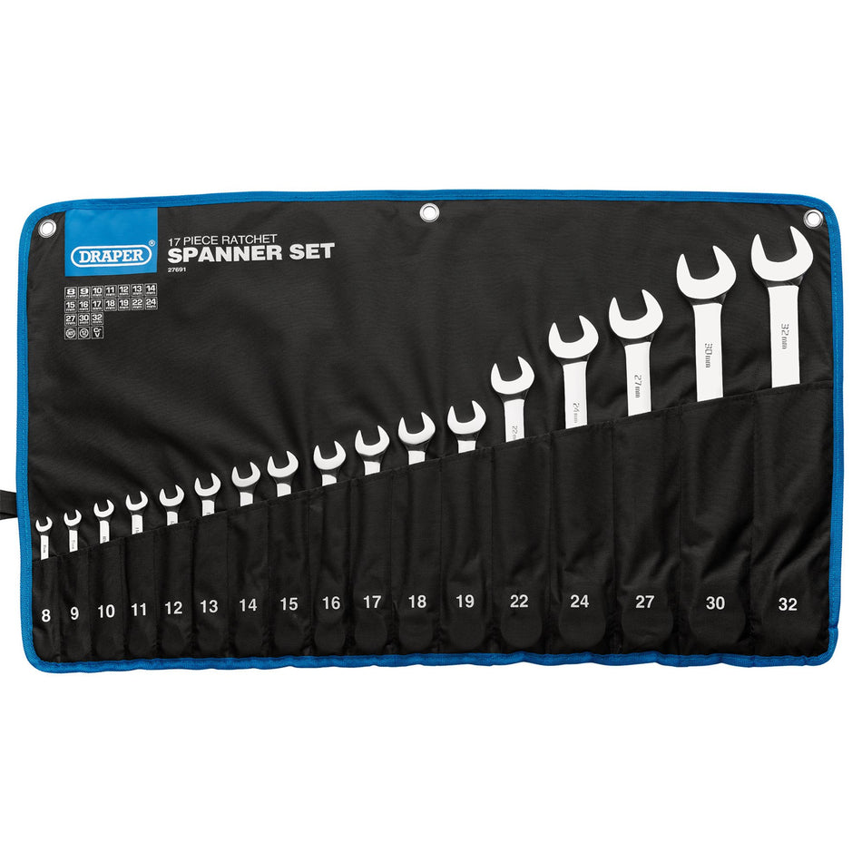 Draper HI-TORQ Metric Ratchet Combination Spanner Set (17 Piece) : Model No. 8230MM/17