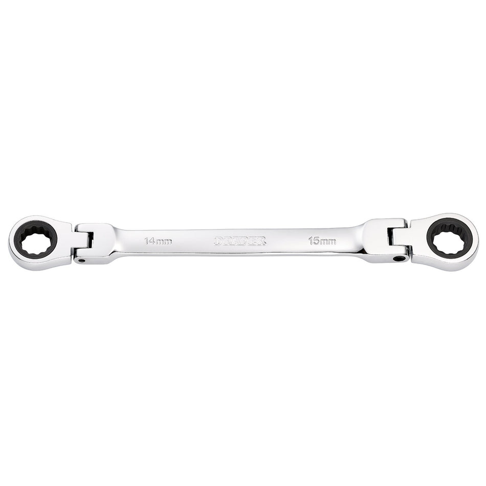 Draper HI-TORQ Metric Flexible Head Double Ring Ratchet Spanner, 14 x 15mm : Model No. 8231FBSMM