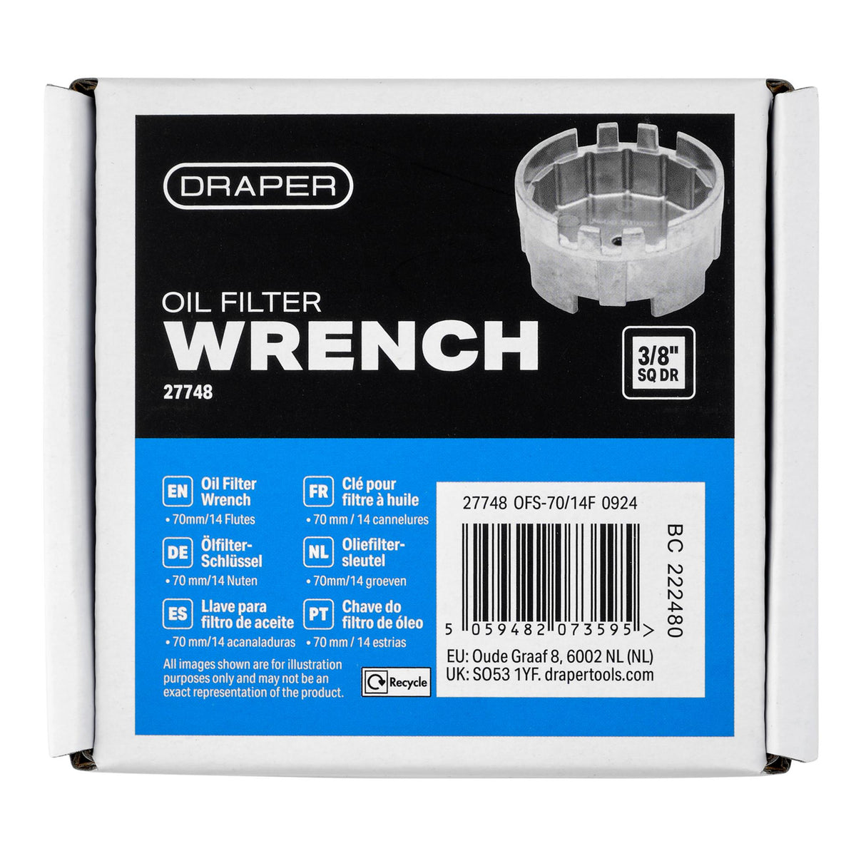 Oil Filter Wrench, 3/8" Sq. Dr., 70mm/14 Flutes