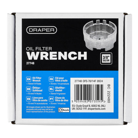 Oil Filter Wrench, 3/8" Sq. Dr., 70mm/14 Flutes