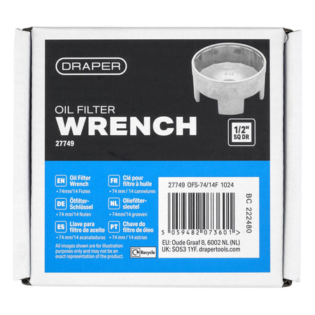 Oil Filter Wrench, 1/2" Sq. Dr., 74mm/14 Flutes