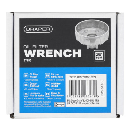 Oil Filter Wrench, 3/8" Sq. Dr., 79mm/15 Flutes