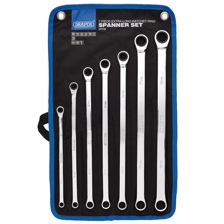 Draper HI-TORQ Metric Extra-Long Double Ring Ratchet Spanner Set (7 Piece) : Model No. 8231BSXLMM/7