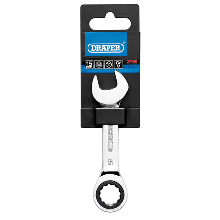 Draper HI-TORQ Metric Stubby Ratchet Combination Spanner, 15mm : Model No. 8230MMS