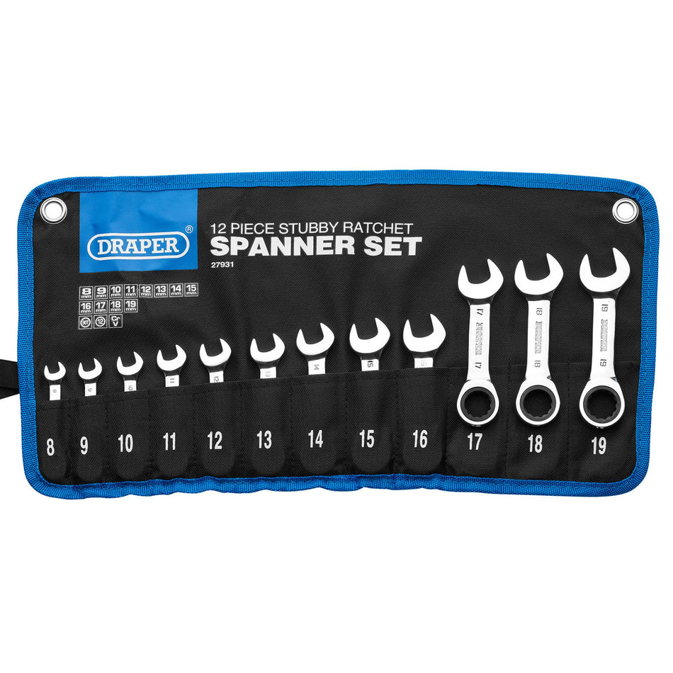 Draper HI-TORQ Metric Stubby Ratchet Combination Spanner Set (12 Piece) : Model No. 8230MMS/12