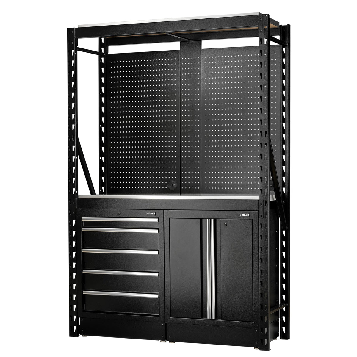 BUNKER 15 Piece Modular Storage Combo 2 Tier Racking with Stainless Steel Shelving, Pegboards and Floor Cabinets, 1500mm : Model No. MS400-C1 15PC S