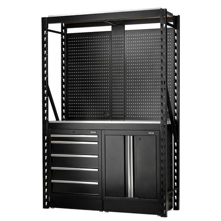 BUNKER 15 Piece Modular Storage Combo 2 Tier Racking with Stainless Steel Shelving, Pegboards and Floor Cabinets, 1500mm : Model No. MS400-C1 15PC S