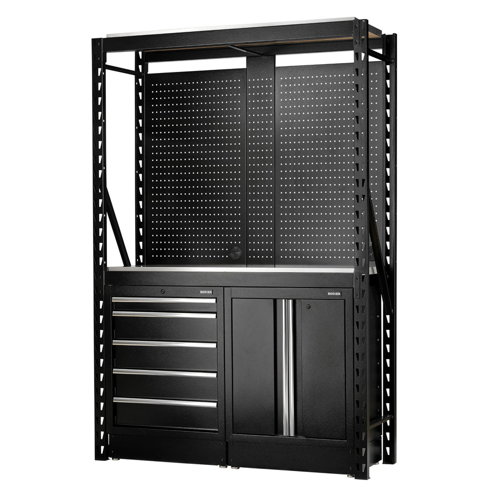 BUNKER 15 Piece Modular Storage Combo 2 Tier Racking with Stainless Steel Shelving, Pegboards and Floor Cabinets, 1500mm : Model No. MS400-C1 15PC S