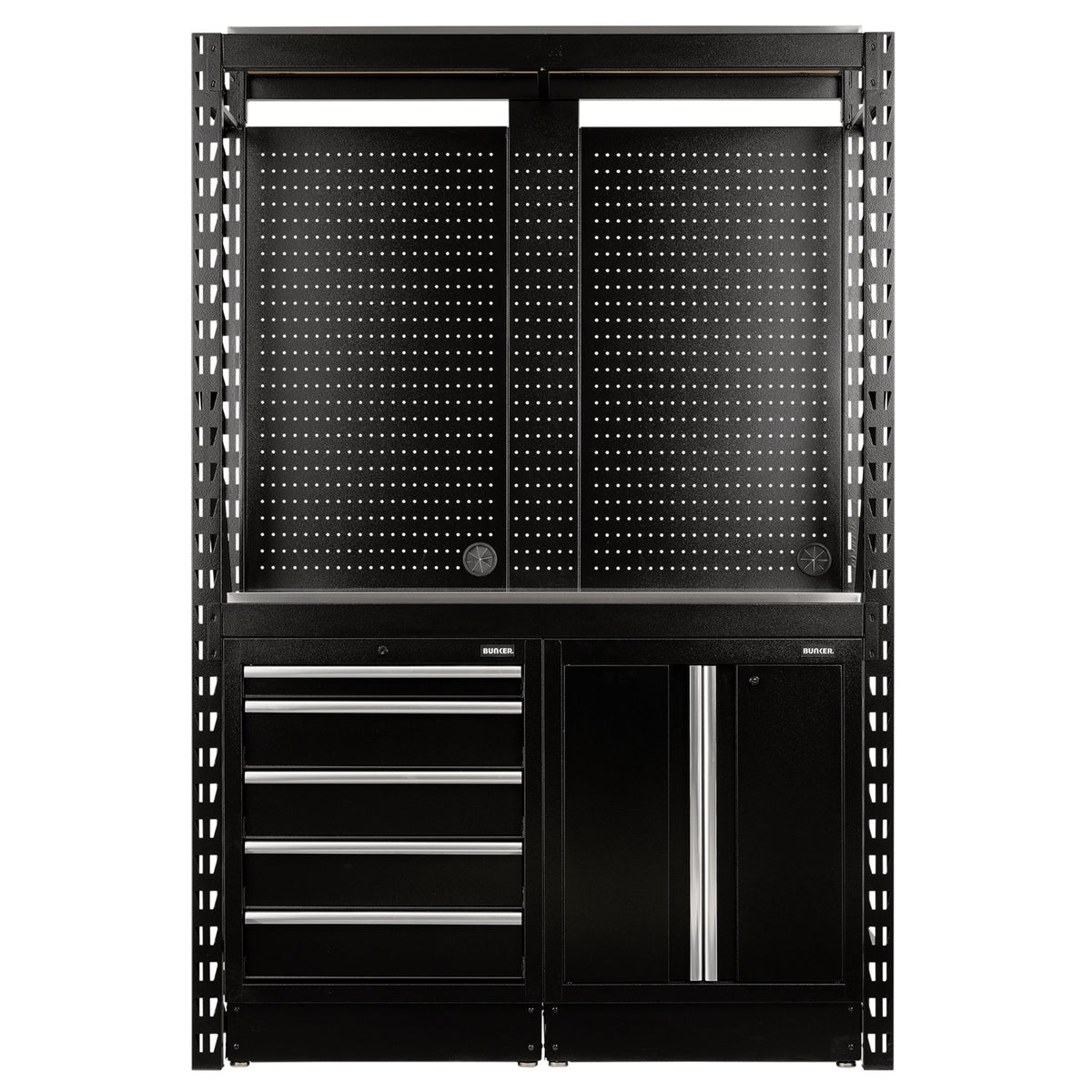 BUNKER 15 Piece Modular Storage Combo 2 Tier Racking with Stainless Steel Shelving, Pegboards and Floor Cabinets, 1500mm : Model No. MS400-C1 15PC S