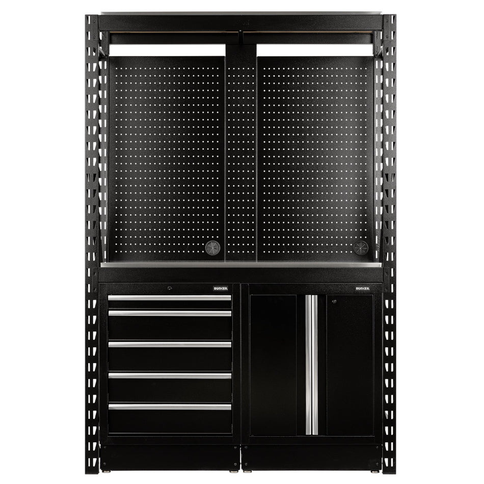 BUNKER 15 Piece Modular Storage Combo 2 Tier Racking with Stainless Steel Shelving, Pegboards and Floor Cabinets, 1500mm : Model No. MS400-C1 15PC S