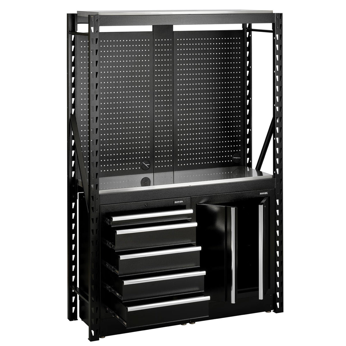 BUNKER 15 Piece Modular Storage Combo 2 Tier Racking with Stainless Steel Shelving, Pegboards and Floor Cabinets, 1500mm : Model No. MS400-C1 15PC S