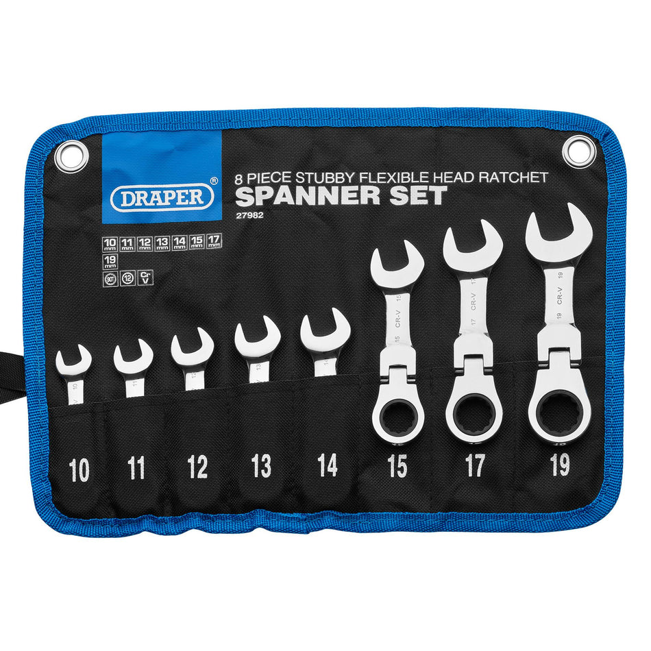Draper HI-TORQ Metric Stubby Flexible Head Ratchet Combination Spanner Set (8 Piece) : Model No. 8230FMMBS/8