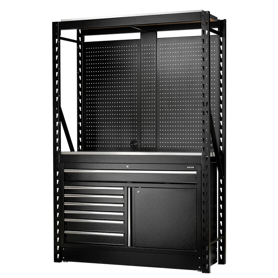 BUNKER 14 Piece Modular Storage Combo 2 Tier Racking with Stainless Steel Shelving, Pegboards and Floor Cabinet, 1500mm : Model No. MS400-C2 14PC S