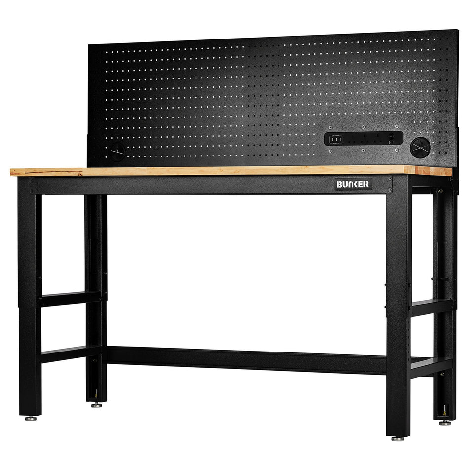 BUNKER Workbench with Hardwood Worktop and Power Pegboard, 1550mm : Model No. B300-WB61WPP