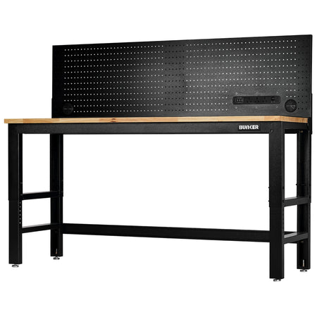 BUNKER Workbench with Hardwood Worktop and Power Pegboard, 1830mm : Model No. B300-WB72WPP
