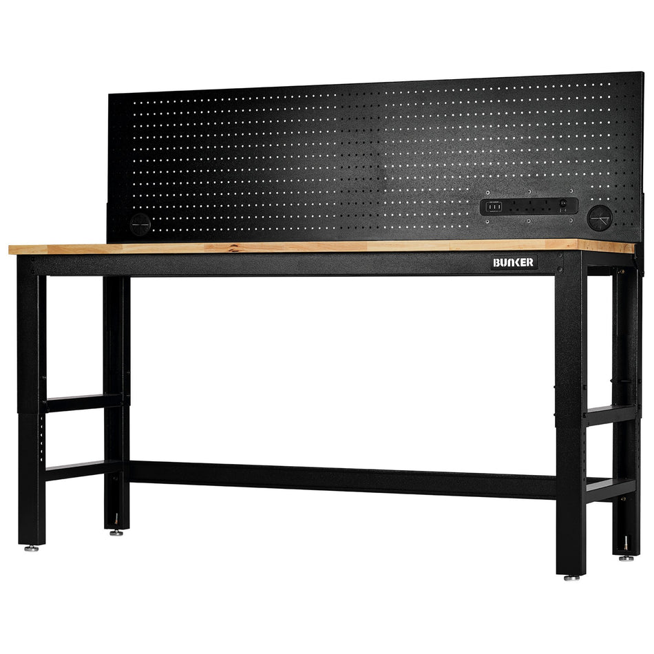 BUNKER Workbench with Hardwood Worktop and Power Pegboard, 1830mm : Model No. B300-WB72WPP