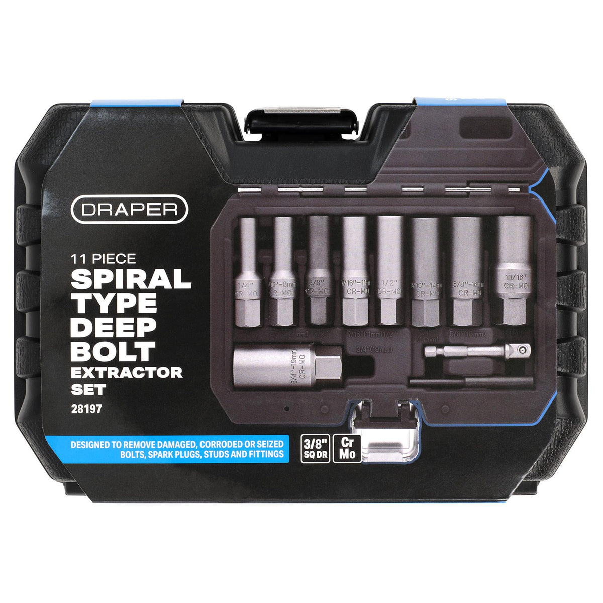 Spiral Type Deep Bolt Extractor Set, 3/8" Sq. Dr. (11 Piece)
