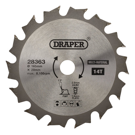 TCT Multi-Purpose Circular Saw Blade, 165 x 20mm, 14T: Model No. SBM1