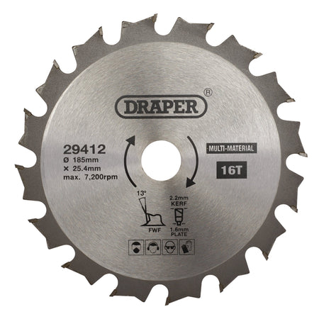 TCT Multi-Purpose Circular Saw Blade, 185 x 25.4mm, 16T: Model No. SBM3