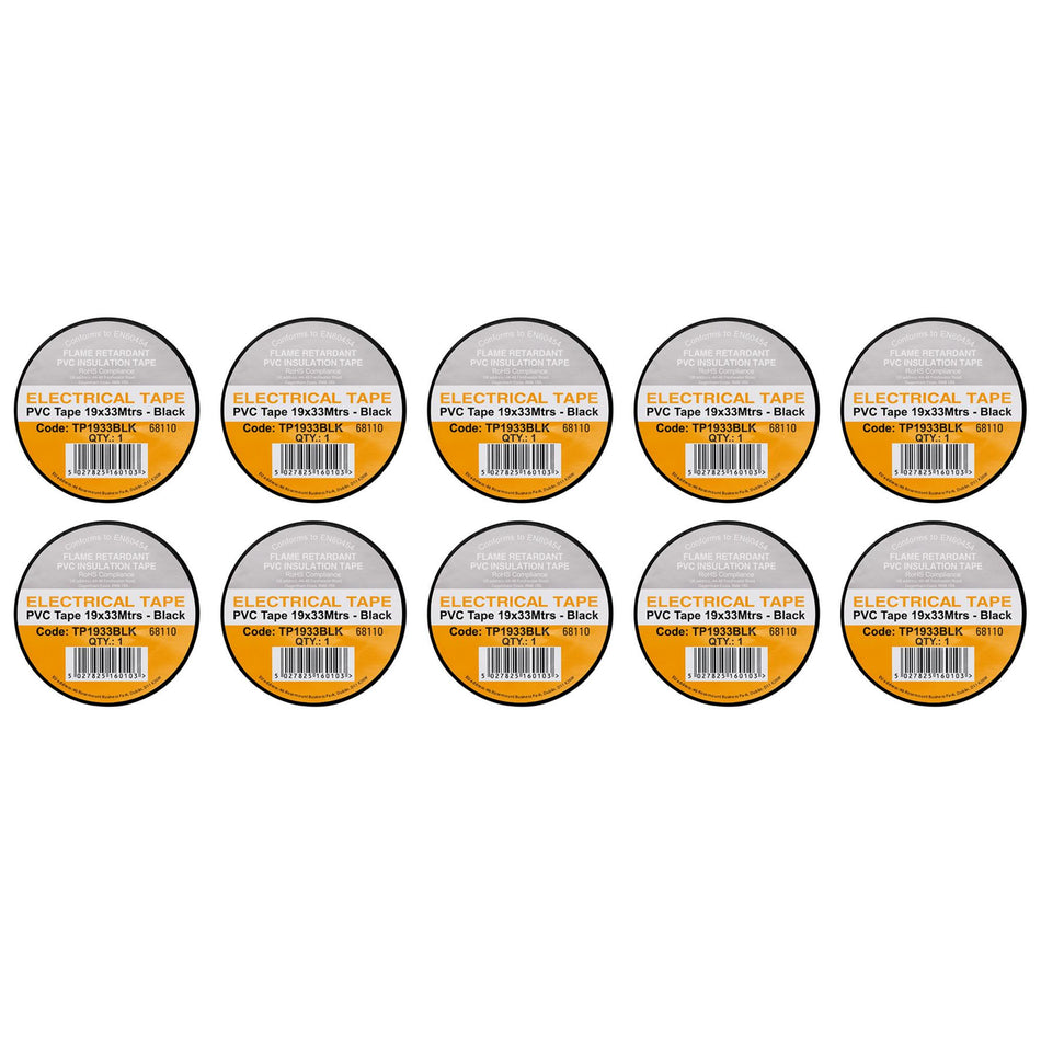 Black PVC Electrical Insulation Tape, 19mm x 33m (Pack of 10)